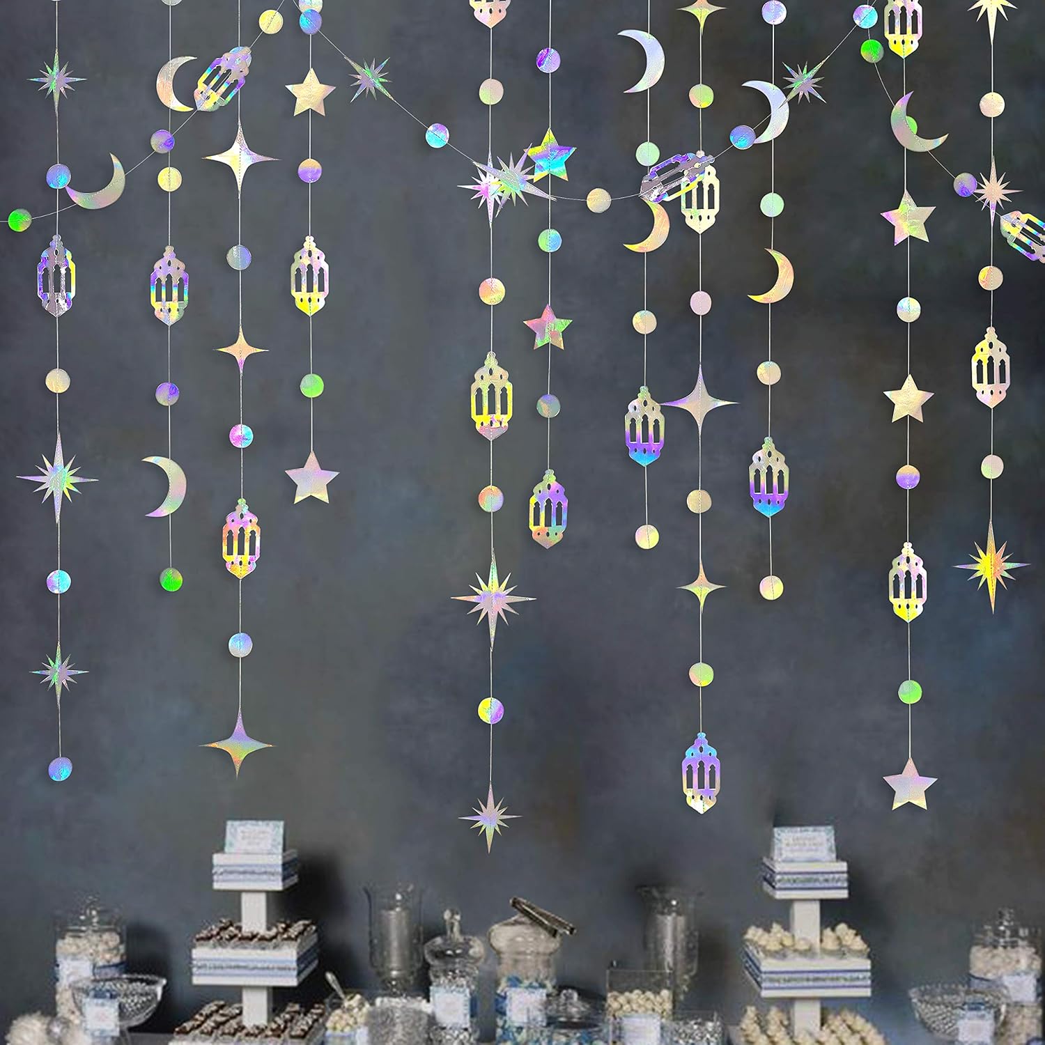 1pc Iridescent Ramadan Decorations Hanging Dot Crescent Lamp Garland Streamer Backdrop Banner Decorations For Happy Ramadan Islam Wedding Birthday Party