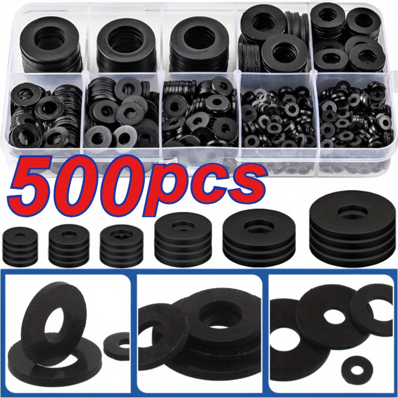 E-shop 500 Stück Schwarzes Nylon Unterlegscheiben Set - Robuste Flache Runde Unterlegscheiben für Schrauben und , Selbstspannendes Design, Inklusive
