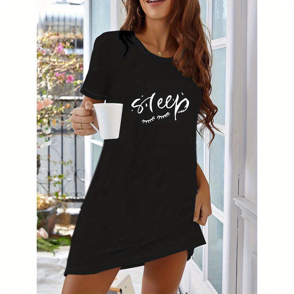 sleeping t shirt dress Nightgown for Woman Cute Cat Printed T-Shirt Dress Short Sleeve Sleep Shirt Summer Crewneck Tunic Tops Sleepwear