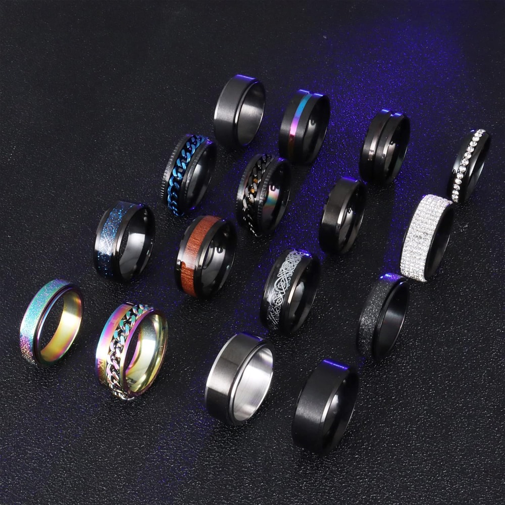 Image of 16pcs Stainless Rings Fidget Anxiety Rings Cool Chain Beveled Edges Celtic Spinner Rings Set Unisex, For Teenager