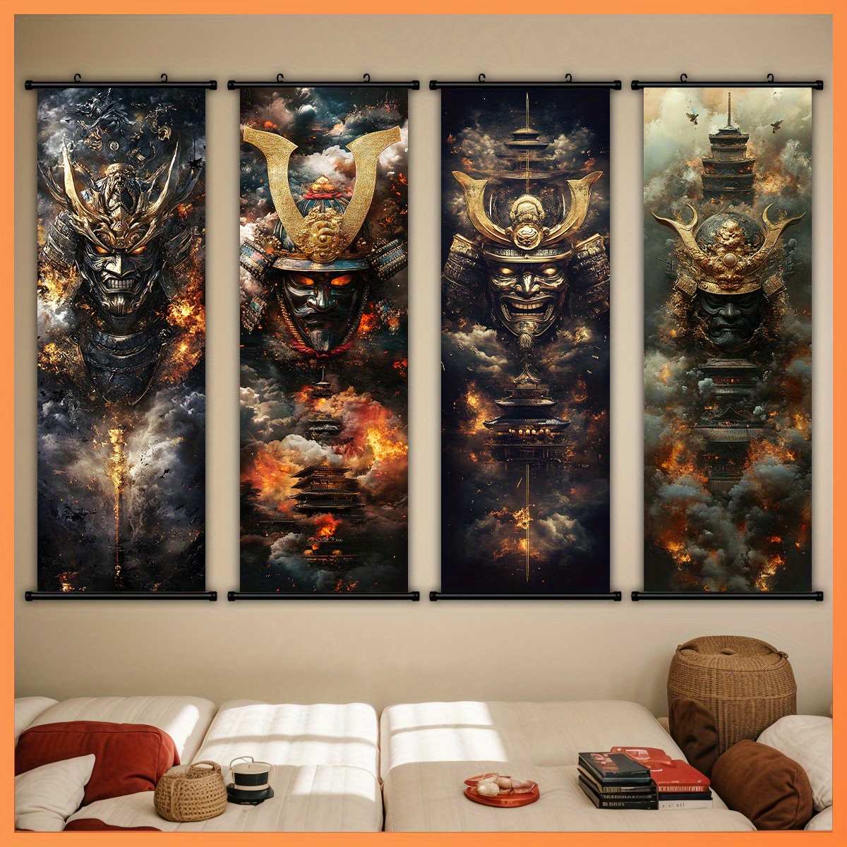 TEMU 4pcs Scroll Painting Set - Traditional Wall Poster For Living Room, Bedroom, Office, Dormitory Home Decoration, Direct Hanging, No Power