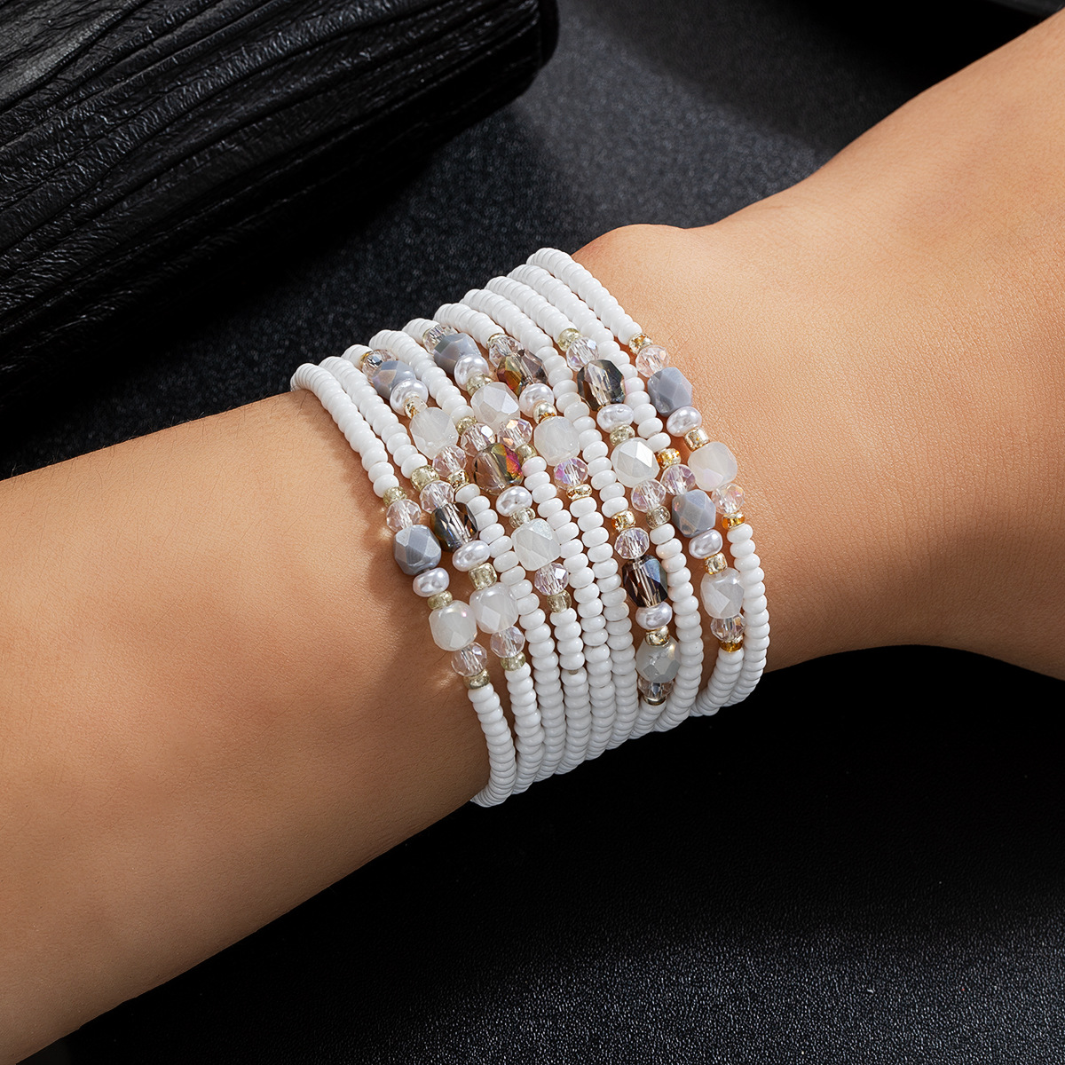 10pcs Set, Minimalist Style Geometric Artificial Rice Bead Stretchable Stackable Women's Bracelet, Suitable For Daily Wear And Gifting