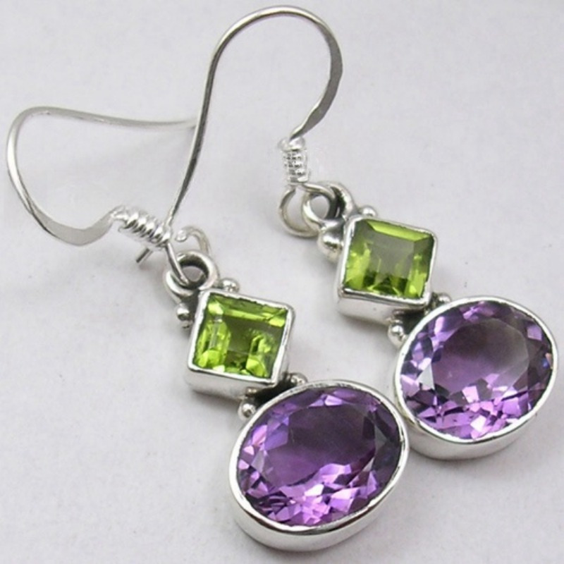 TEMU Vintage Copper Material Handmade Inlaid Green Purple Synthetic Zirconia Earrings For Women Bohemian Style Hanging Earrings, The For Gifts, Best
