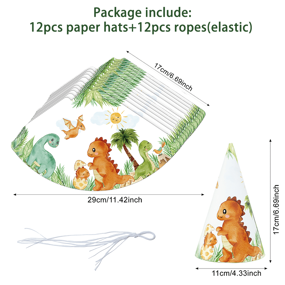 Image of 12pcs Cute Dinosaur Theme Party Hat, Cartoon Rex, Print, Paper Birthday Hat For Dinosaur Theme Birthday Party Decorative Supplies, Fun Party, Graduation Ceremony, Back-to-, Halloween