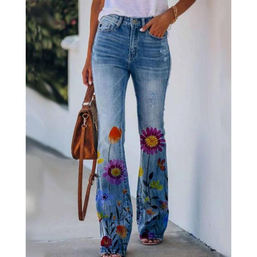 

Women' Summer Denim Pants Blue Floral Print Button Front Flared Jeans With 2 Pockets
