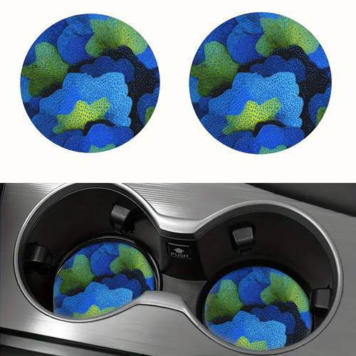 Artikelbild 2er-set abstrakte, handbemalte blaue grüne textur-blumenkunst mit schwarzem gitterhintergrund, getränkehalter für den auto, untersetzer, auto-innenraumzubehör für damen, auto-wasserbecher-untersetzer und schreibtischuntersetzer sind ausgezeichnete weihnachts- und neujahrsgeschenke