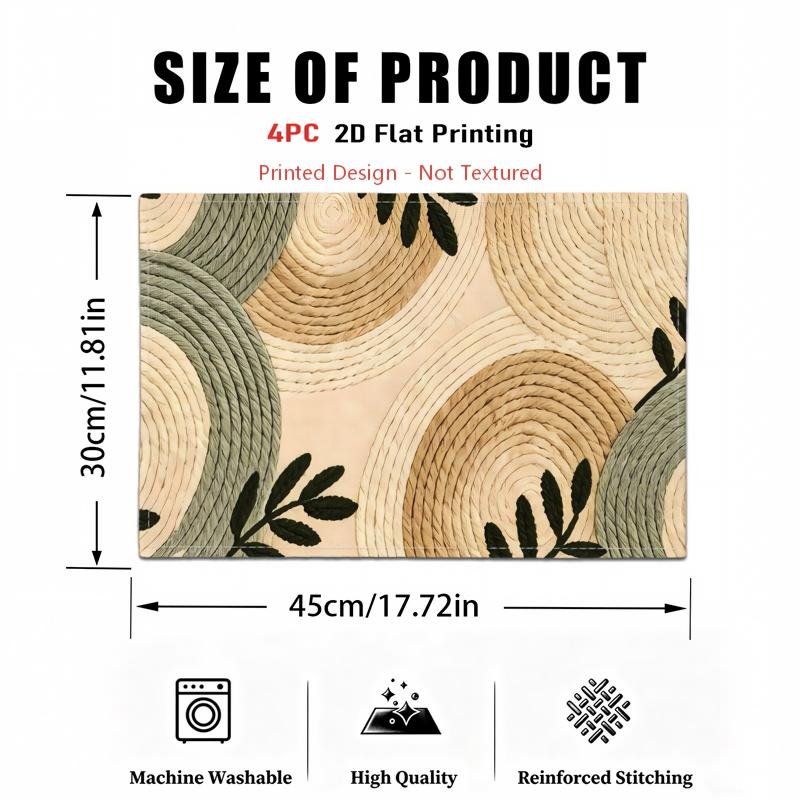 TEMU 4pcs Decorative Placemat Set, Rope Circle Weave Green Leaf Artistic Printed Placemats, Table Mats, Washable, Printed Design - Not Textured