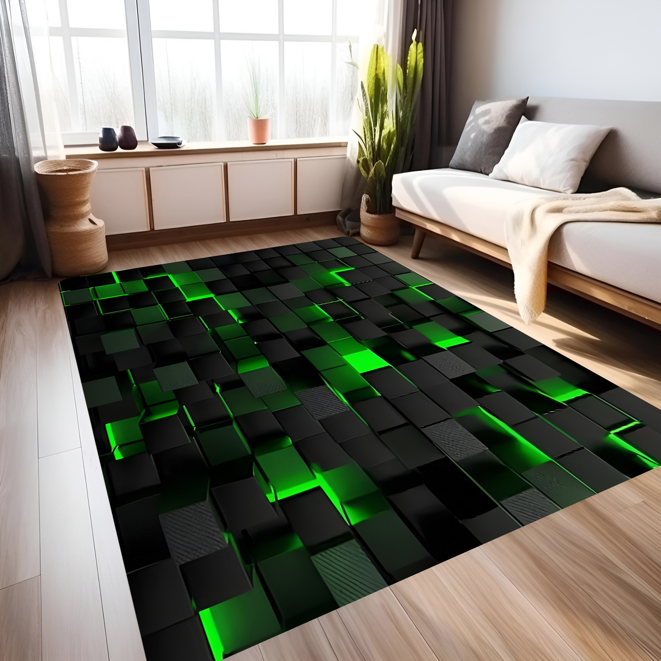 TEMU 1pc Black Green Three-dimensional Square Wall Carpet Decoration Bedroom Room Dining Room Carpet Short Plush Carpet Pad Flannel In Multiple Sizes