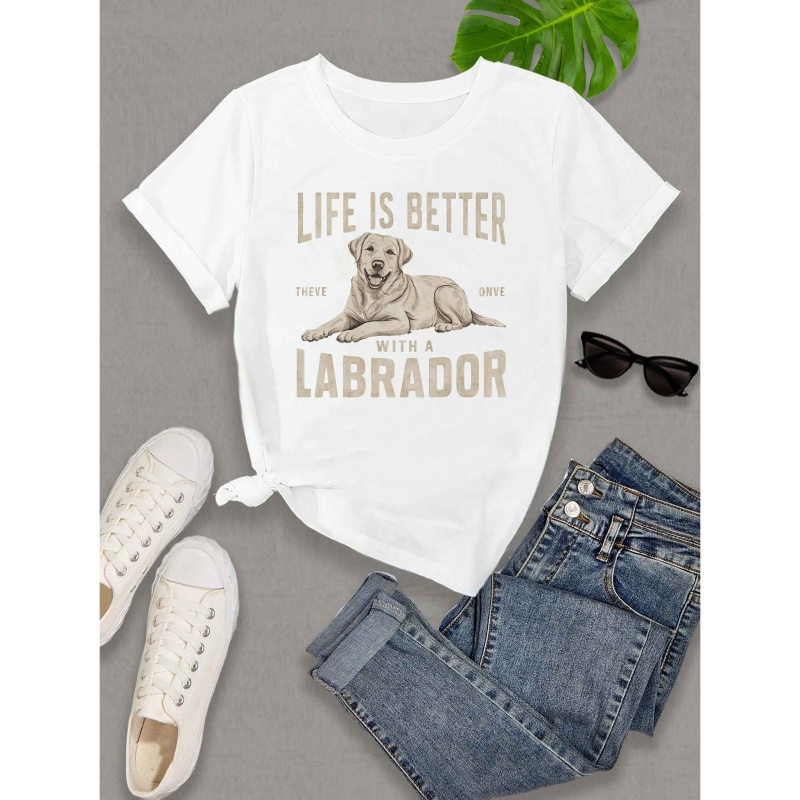 

[summer Casual] Women's " With A Labrador" Graphic T-shirt - Black Short Sleeve Crew Neck Casual Top For , Polyester , Dog Lover Apparel, Apparel | Graphic Crew Neck | Knit Texture