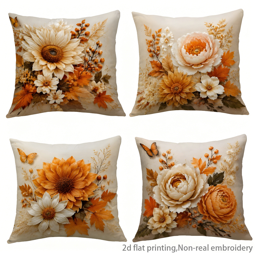 TEMU 4pcs Set Of Warm Orange-beige Cozy Autumn Floral Pattern Printed Pillowcases, Rustic Farmhouse-style Themed Cushion Covers, Single-sided Print,