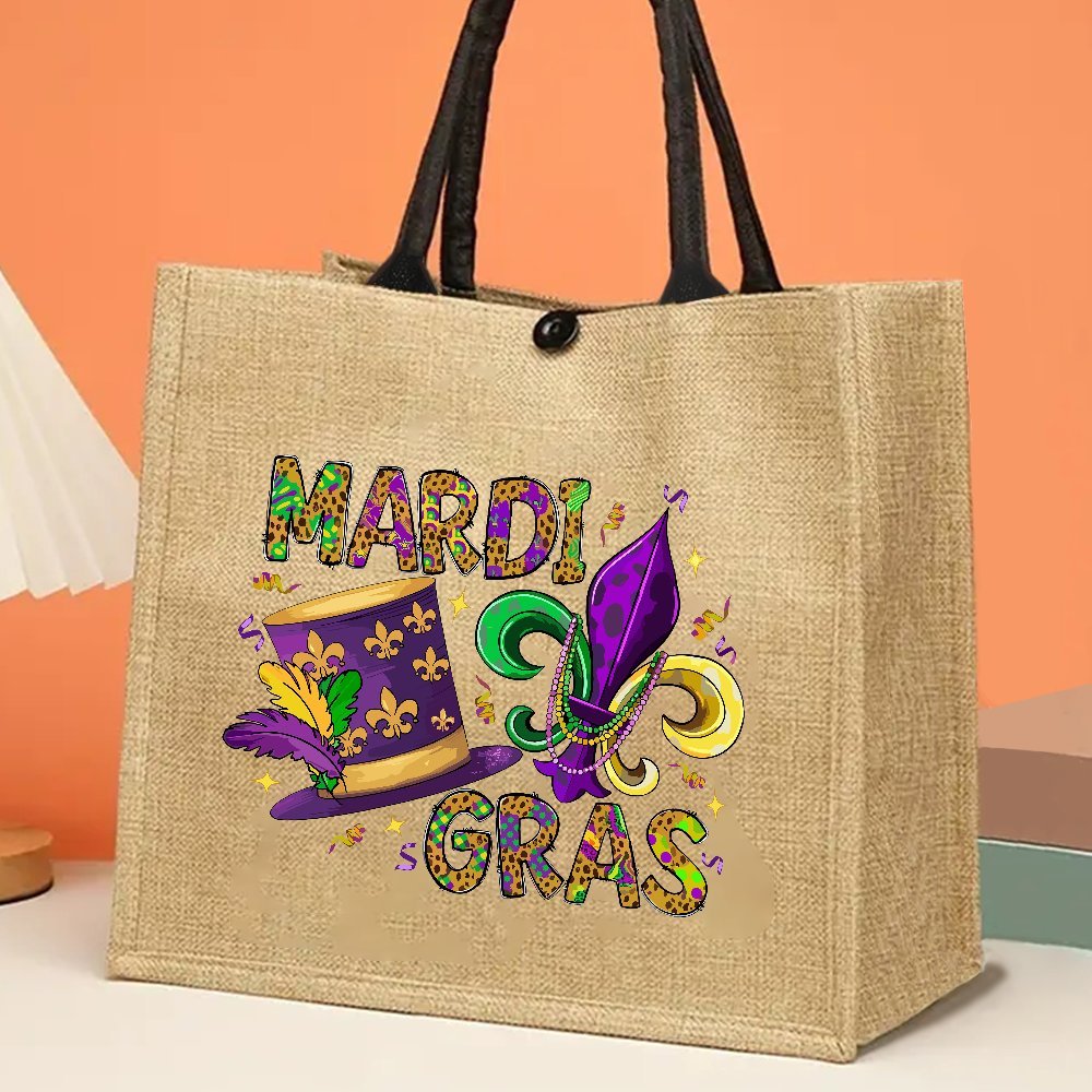 

Mardi Gras Jute Tote Bag - Large Capacity, Fabric Handbag With Print For Outdoor Picnic, Party, Shopping, And Travel