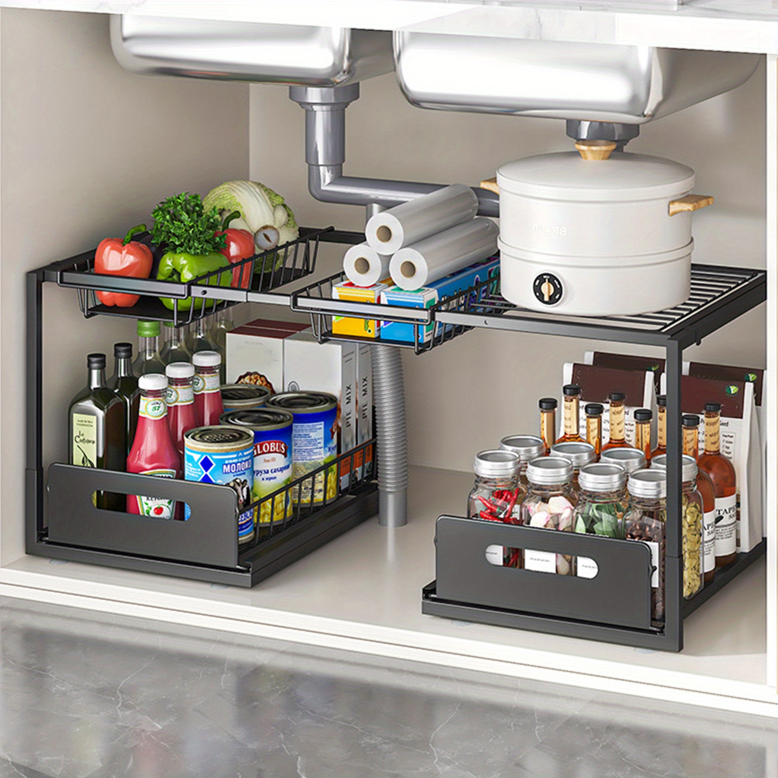 Double- Tier Pull- Out Sink Shelf Unit - Model With Dual Baskets - Black, Shelf Baskets