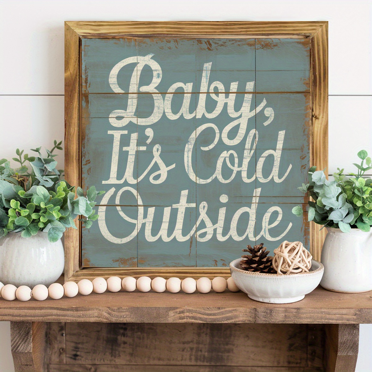 TEMU 1pc Baby Cold Outside Wooden Frame Sign - Turquoise & White Cursive Lettering Farmhouse Wall Art, 8x8 Inch Rustic Winter Decor For Christmas,