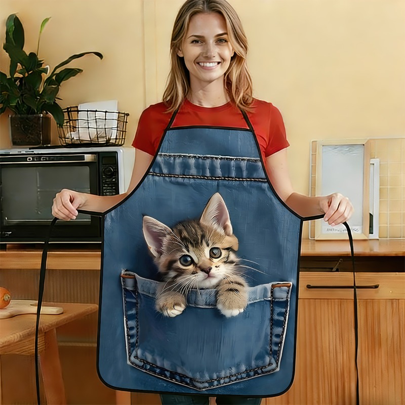 TEMU Tablier 1 pièce avec imprimé motif adorable chaton, durable et facile à nettoyer, ceinture réglable, en , tablier de cuisine unisexe, idéal pour
