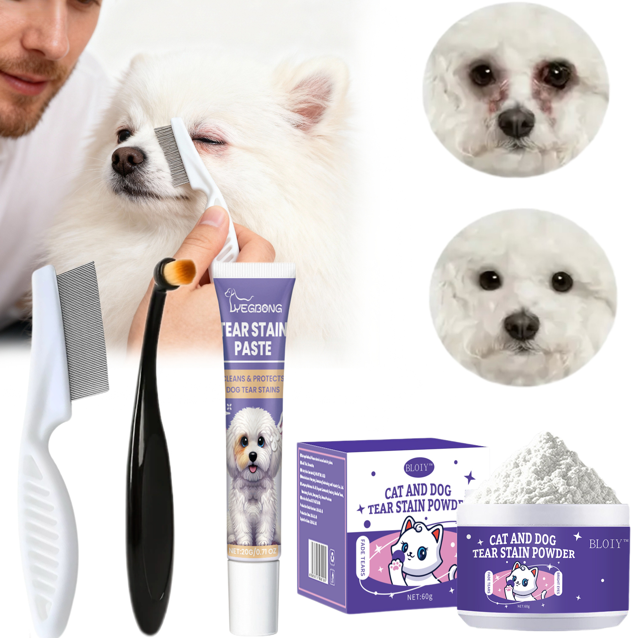 Pet Tear Stain Remover Kit – Special Tear Stain Powder With Cleaning Soft Brush, Massage Comb, And Tear Stain Cream – Easy-to-use, Safe Formula For Cat And Dog Eye Care