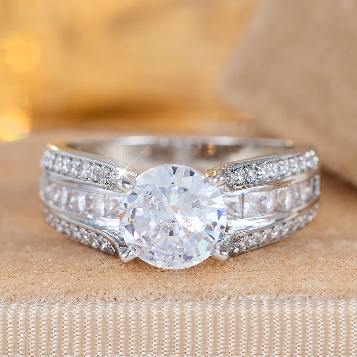 Unisex Copper Double-Layer Staggered Band Ring with Zirconia