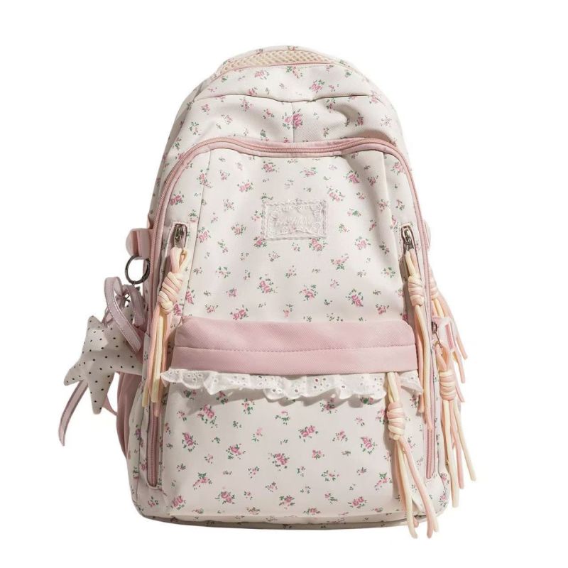 TEMU New Casual And Stylish Backpack With Lace And Floral Print Design, Perfect For Back-to-. Features A Large Capacity, Ideal For Short Trips,