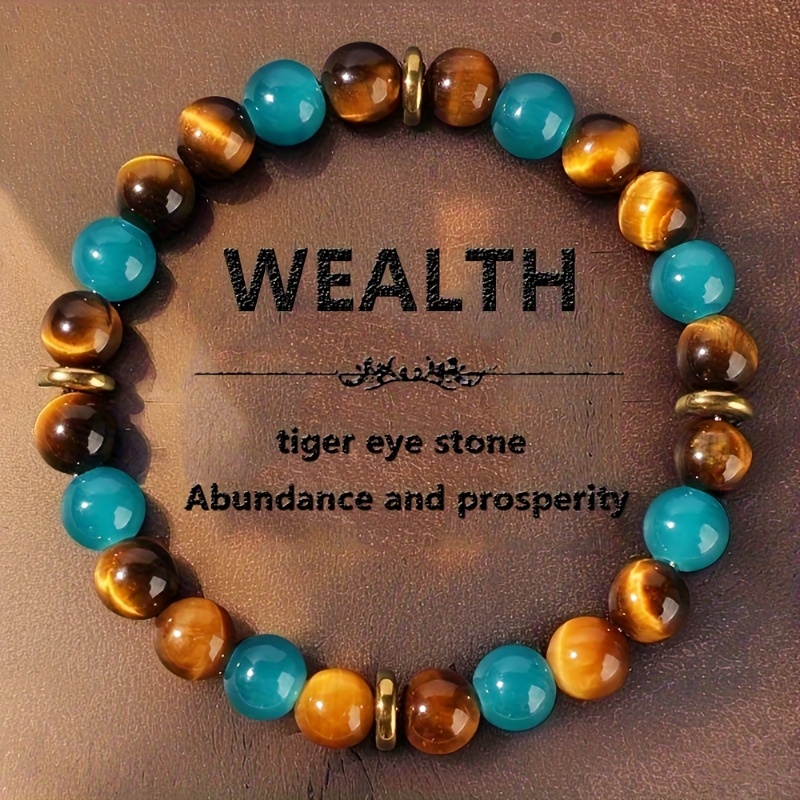 TEMU 1pc Bracelet de avec Œil de Tigre - Perles Marron Doré et Bleu Turquoise pour , Cadeaux d'Anniversaire, Fête des Pères, Fête de l'Indépendance -