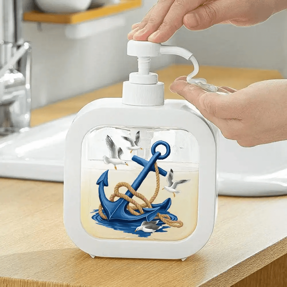 TEMU Nautical Anchor And Seagull Soap Dispenser With Rope And Pump - Blue Ocean Theme Hand Refill Bottle, Suitable For Kitchen, Bathroom, Boats -