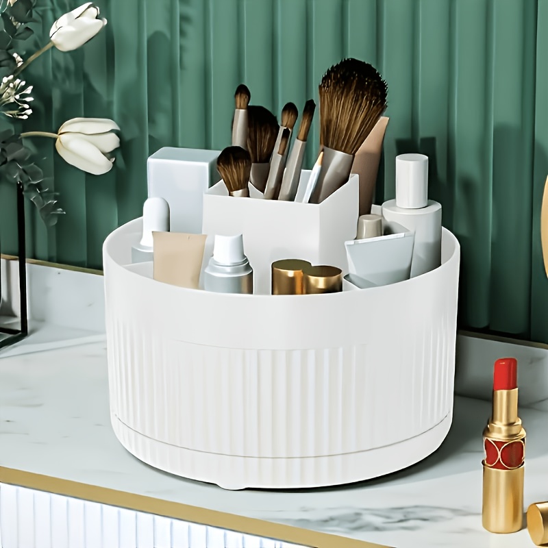 TEMU 360-degree Rotating Storage Box - Stylish High-gloss Abs Plastic, Multi-compartment Makeup Organizer, 5-slot Storage Box, Office Supplies