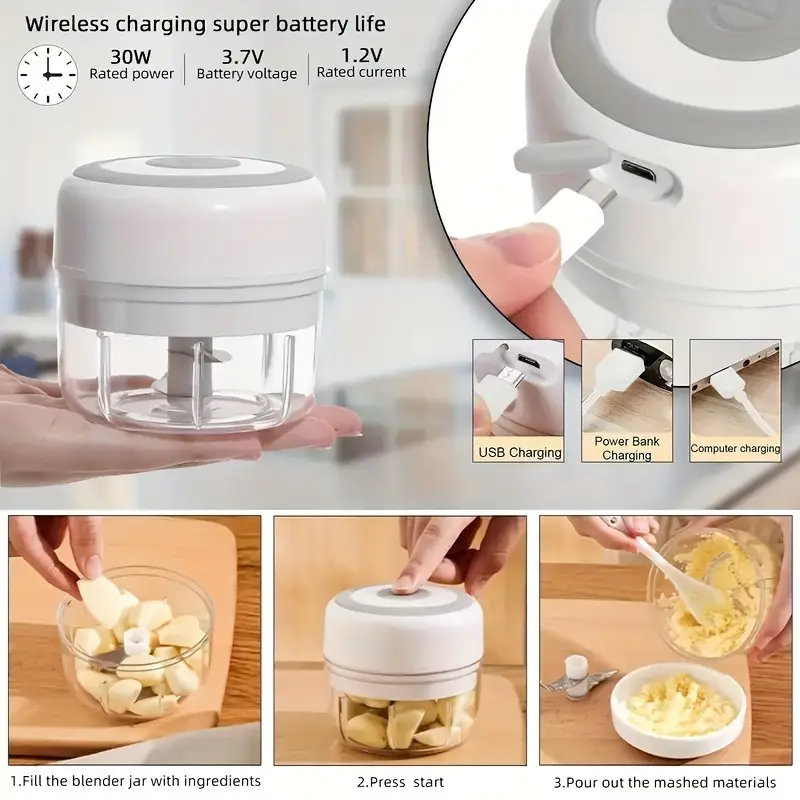 electric mini food processor with usb charging powerful motor compact portable design locking lightweight for garlic meat vegetables spices ideal for home kitchen compatible with usb powered devices Product details 2