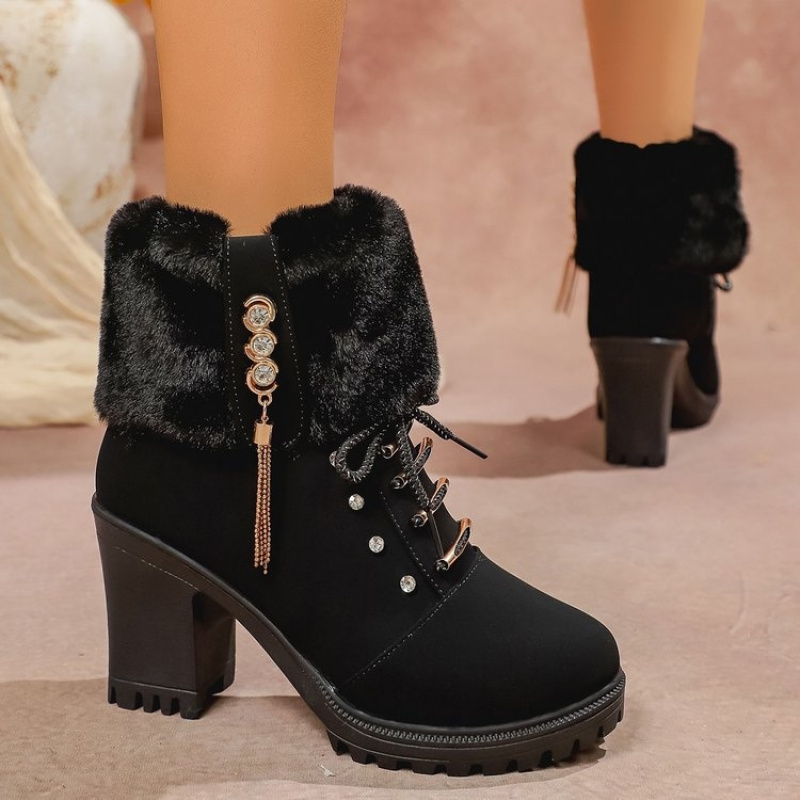 TEMU Women's Winter Plush-lined Ankle Boots With Thick Soles, Chunky Heels, And Frayed Edges, Fashionable Snow Boots, Women Shoes