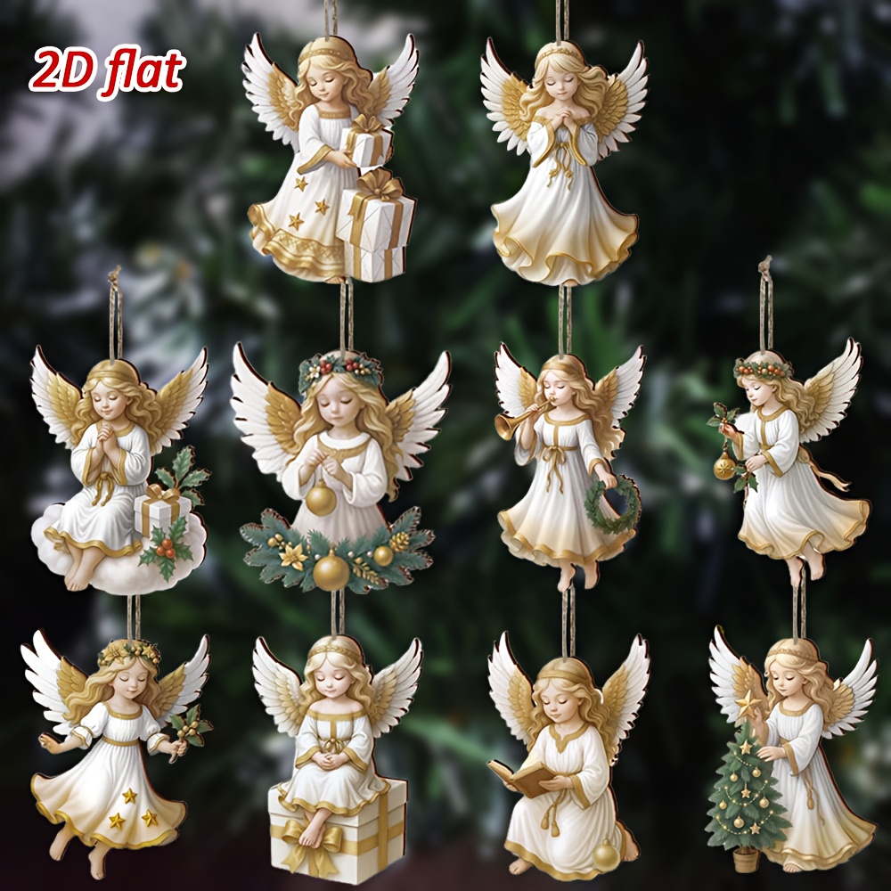 TEMU 2d Flat - 10 Beautiful Wooden Hanging Decorations Of Angels, A Set Of Festive Figurine Ornaments, White Hangings, Perfect For New Year Gifts And