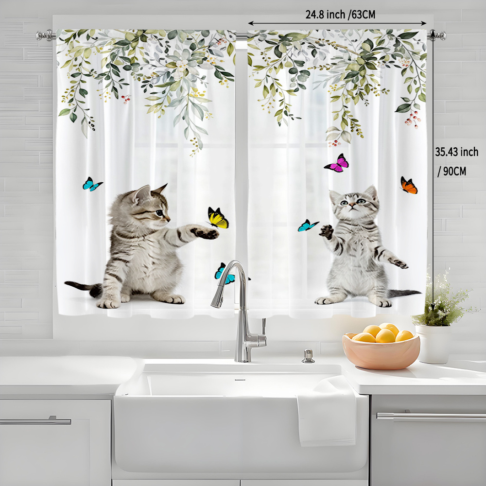 TEMU 2d Flat, 2-pack, Small Size Sheer Curtains, Summer Plants, Leaves, Animals, Kittens, Butterflies, Cute, Fun, Polyester Fiber Small Window Sheer,