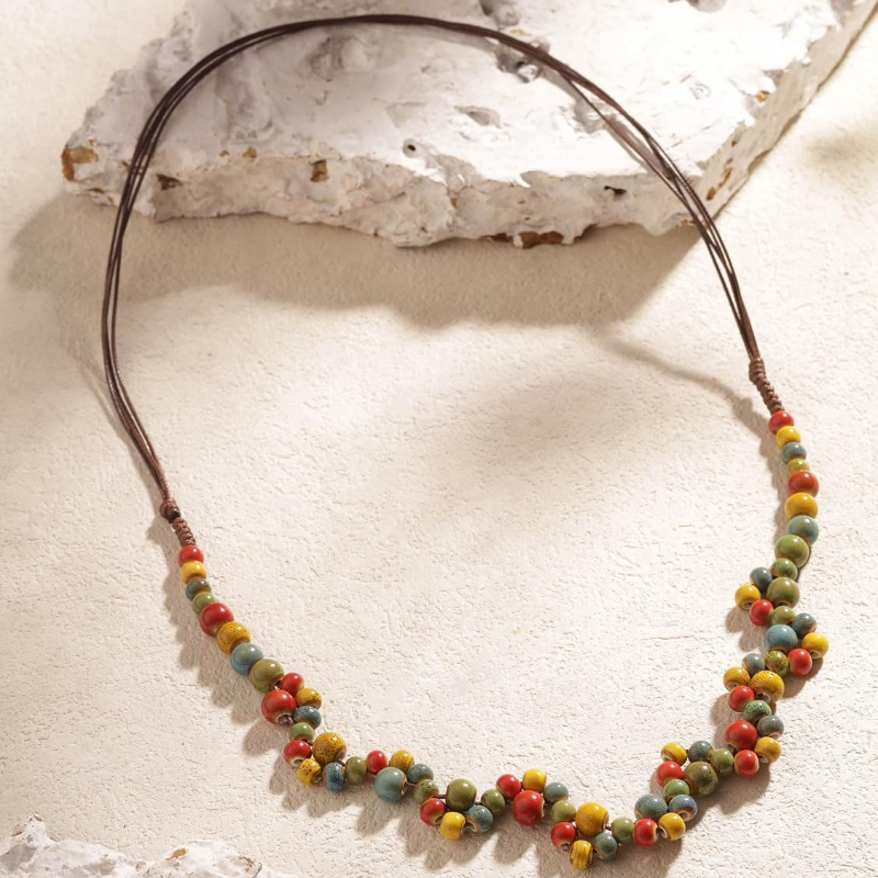 Boho Multicolor Ceramic Bead Strand Necklace for Women