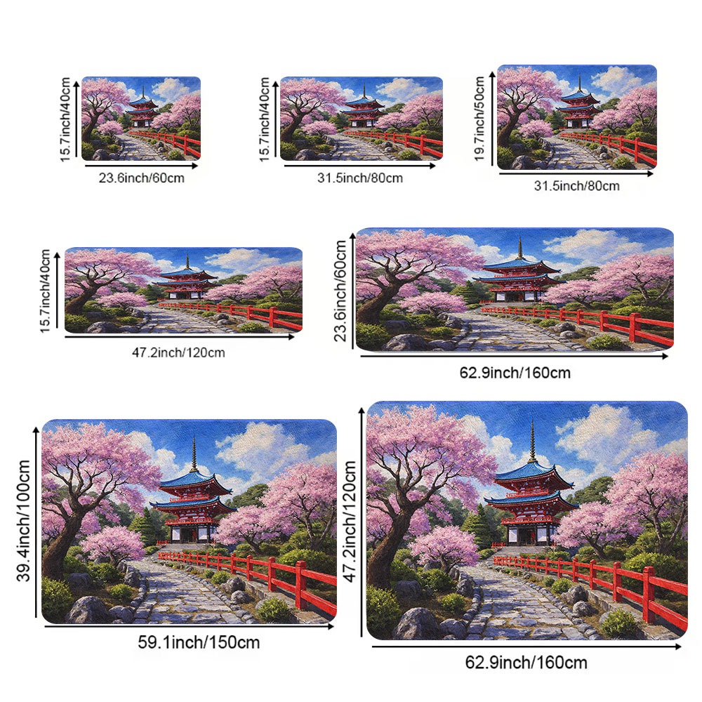 TEMU 1pc Japanese Garden Mat With Pagoda & Cherry Blossoms - Non-slip Soft Floor Mat Suitable For Home Decor, Bathroom, Living Room, , Party - Hand