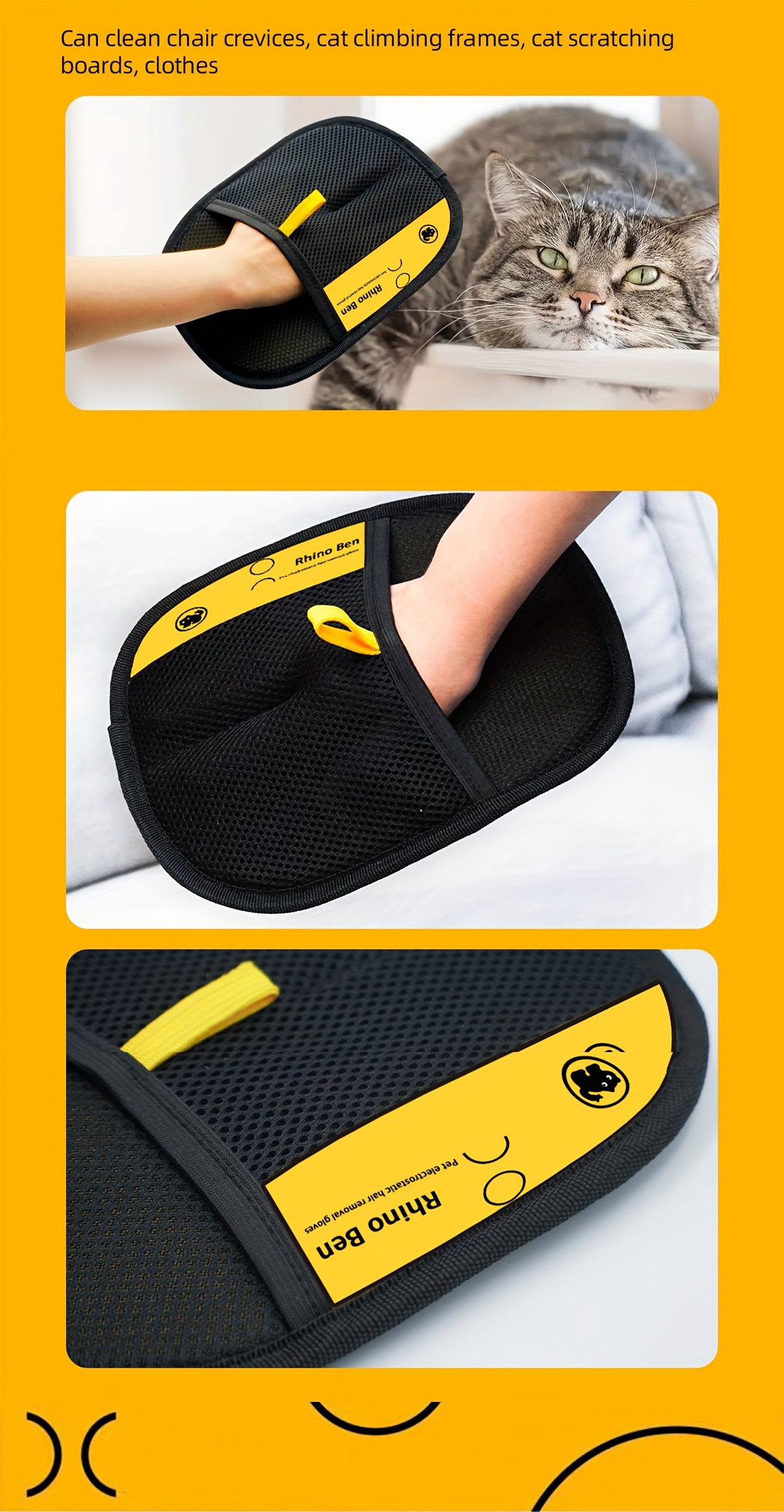   large pet static electricity hair removal glove a black polypropylene cat grooming glove with yellow accents measuring 24 99  98cm this glove   removes pet hair and dander making it an essential tool for cat and dog Product details 10