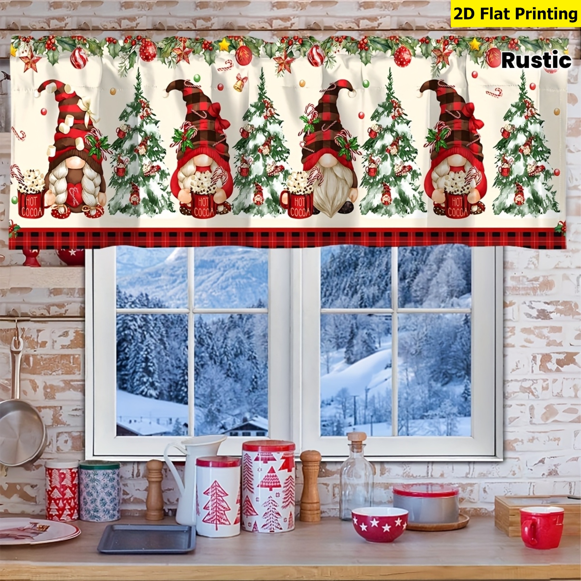 TEMU 2d Flat - 2d Flat - 2d Flat Window Curtain, 1pc, Christmas Curtain, Buffalo Check Dwarf Christmas Pole Bag Short Curtain, Polyester Christmas