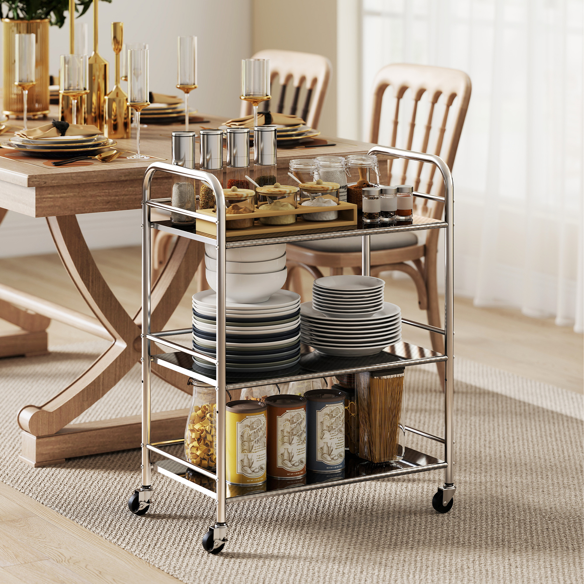 TEMU Homcom 3 Tier Kitchen Trolley On Wheels Serving Cart With Handles | Stainless Steel, Silvery Finish, , No Electricity Needed