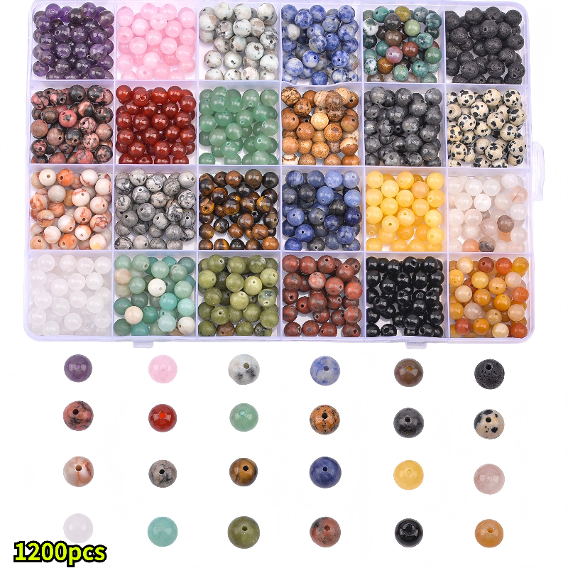 TEMU Boîte de 1200 perles rondes en d'œil-de-tigre naturel et d'aventurine verte de 6 mm, perles libres pour fabrication de bijoux DIY, matériel pour
