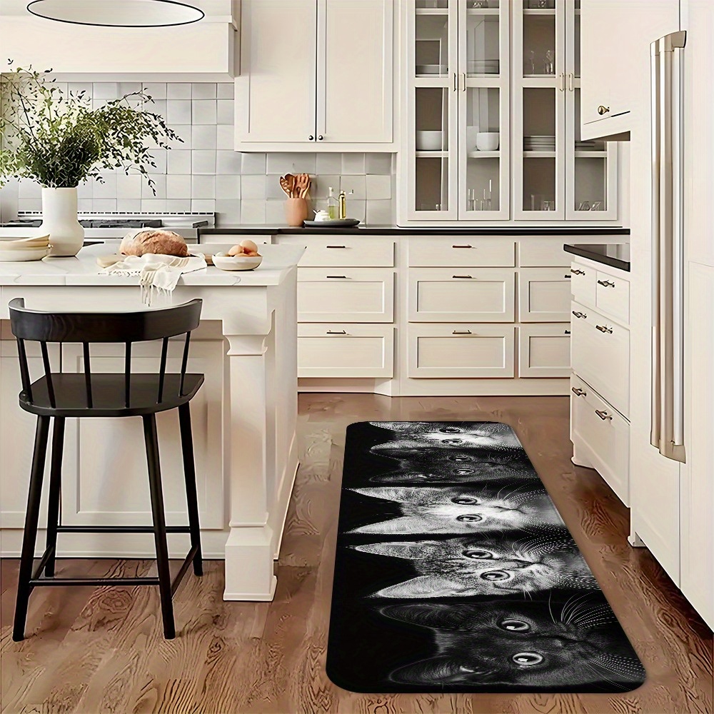 TEMU 1pc Kitten Black And Portrait Pattern, Non-slip Bottom, Home Floor Mat, Long Front Door Mat, Machine Washable, Indoor Entrance Rug, Bedroom