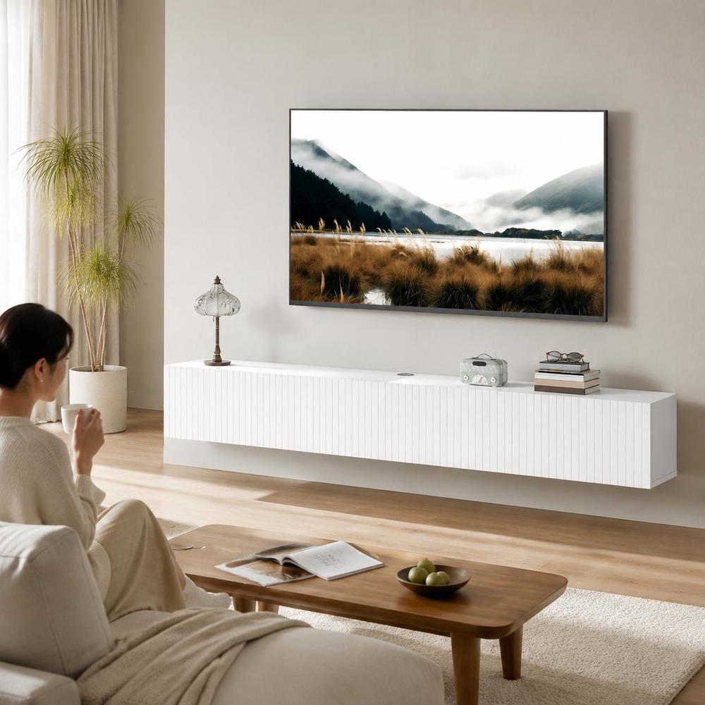 Image of 180cm Wall-mounted Tv Cabinet With Fluted Doors, Floating Media Console For 72-inch Tv, Unit For Living Room, White