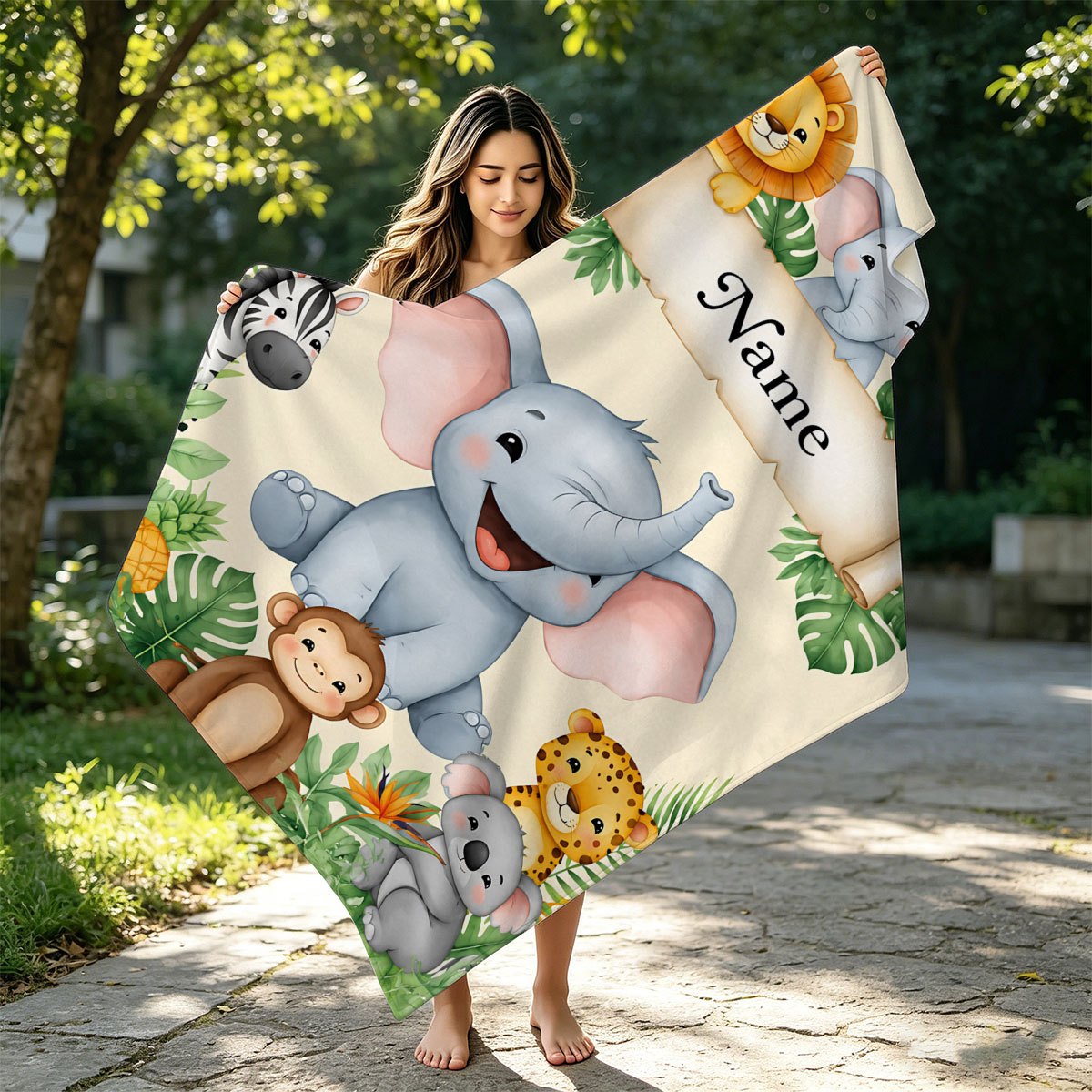 Custom Name Jungle Elephant Flannel Blanket, All-Season