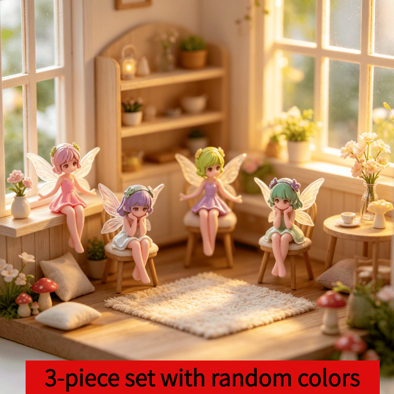 TEMU 3pcs Set Of Fairy Elf Resin Ornaments (random Colors), Translucent Wings Sitting Of The Table, Miniature Craft, Suitable For Dollhouse Interior