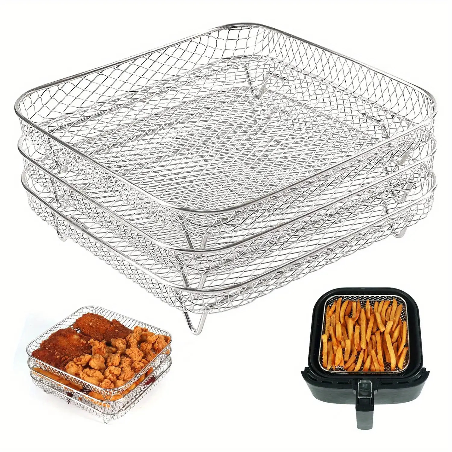 Image of 3pcs Stainless Steel Air Fryer Additions Set- Stackable, Suitable For Ovens And Deep Fryers, Dishwasher Safe, Perfect For Healthy Holiday Baking