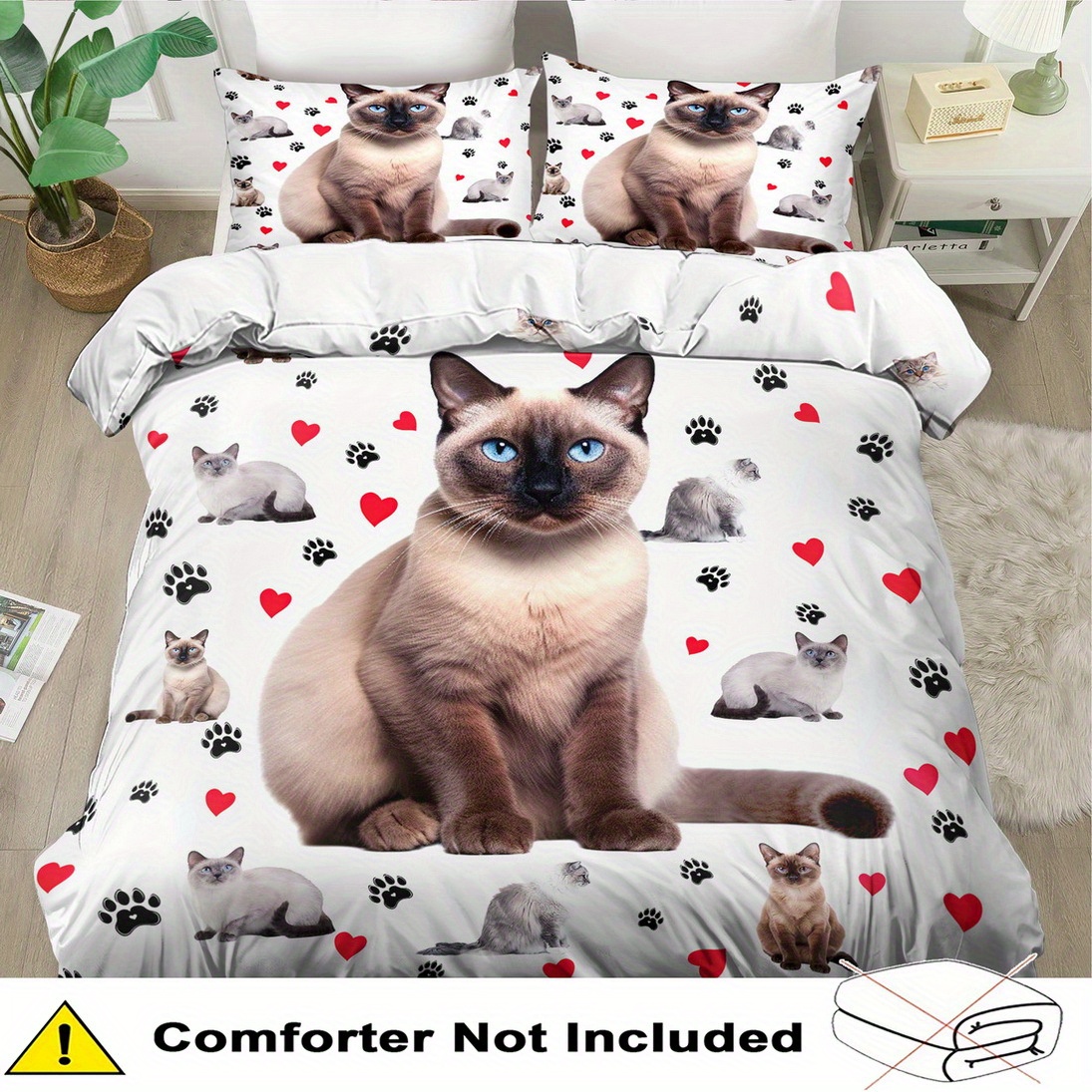 TEMU Parure de Housse de Couette 2/3 Pièces, Housse de Couette à Imprimé Chat Animaux de Dessin , Linge de Lit Queen, Polyester Lavable en Machine,