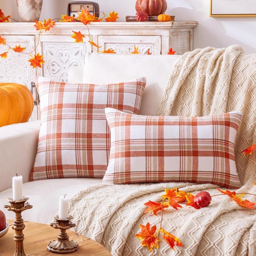2er set herbstliche karierte orangefarbene kissenbezüge