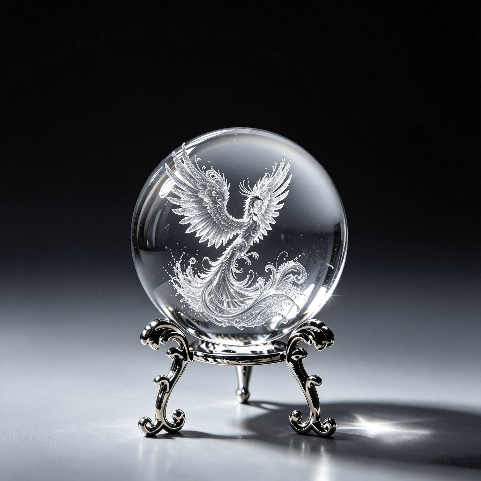 TEMU Phoenix Three-dimensional Laser-engraved Crystal Ball Ornament With Light Luxury Silvery Stand, For Study And Living Room, High-end Niche