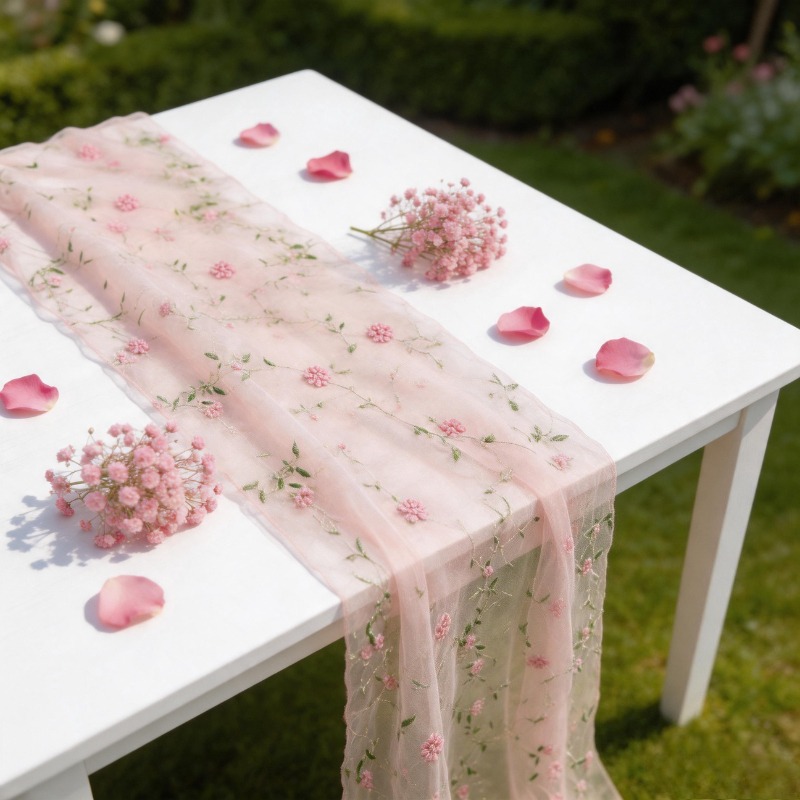 TEMU 1pc, Floral Embroidery Tulle, Wedding Scene Decoration Embroidered Tulle, Party Table Setting, Multi-scene Decoration Polyester Fabric