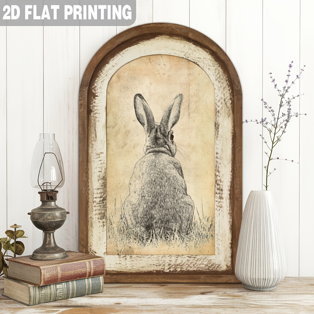 TEMU 2d Flat, 1pc Wooden Retro Style Rabbit Decorative Painting With Atmosphere, Distressed Texture Arched Wooden Frame And Sketch Style Rabbit Back
