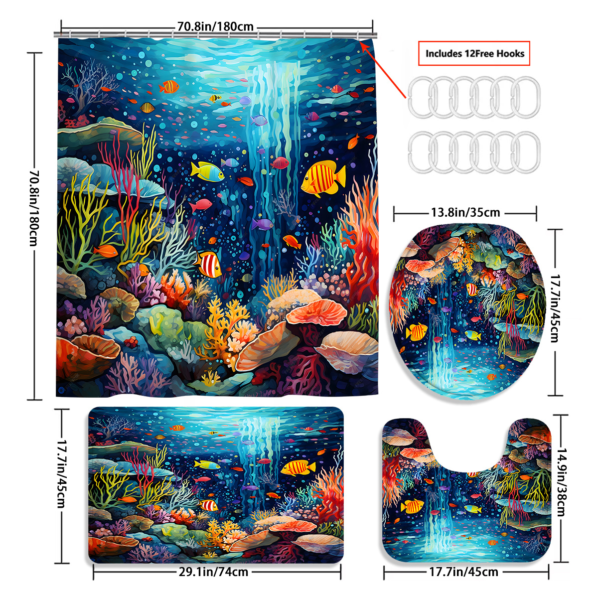 TEMU 4pcs Shower Curtain Decoration, Beautiful Disguised Gift Decoration, Shower Curtain And Bathroom Mat Three-piece Set, 12 Shower Curtain Hooks