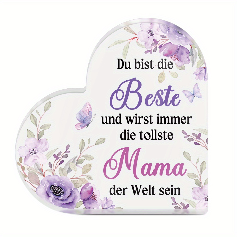 Image of 2d Flat, 1pc Heart-shaped Acrylic Sign With German "" Message - Floral Design Contemporary Farmhouse Table Decor For Home, Day Gift For Mom, Desktop Decoration | Decor | Decorative Lettering, 2d Flat