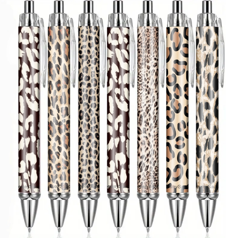 Image of 7pcs Leopard Print Ballpoint Pens, Texture Click Writing Pen For Employees, Teachers & Colleagues - Inspirational Gift