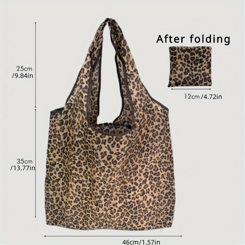 chic leopard print foldable shopping bag     polyester   groceries clothes storage travel gifts details 0