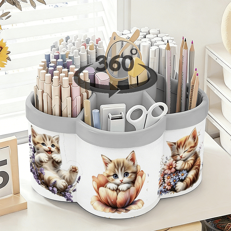 TEMU Rotatable Pen Holder And Cosmetic Organizer | Cute Cat And Floral Stickers - 360Â° Rotating Convenient Desktop Storage Box | Large Capacity