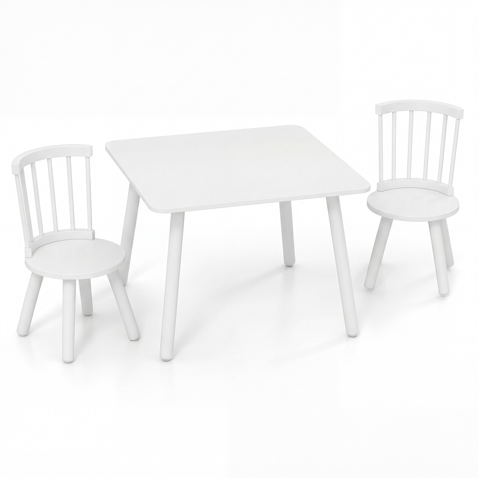 Image of Kids Table And 2 Chairs Set, Wooden Activity Table Set With Curved Spindle Backrests, Round Seats & Solid Wood Legs, Furniture For Art, Play, Craft, White